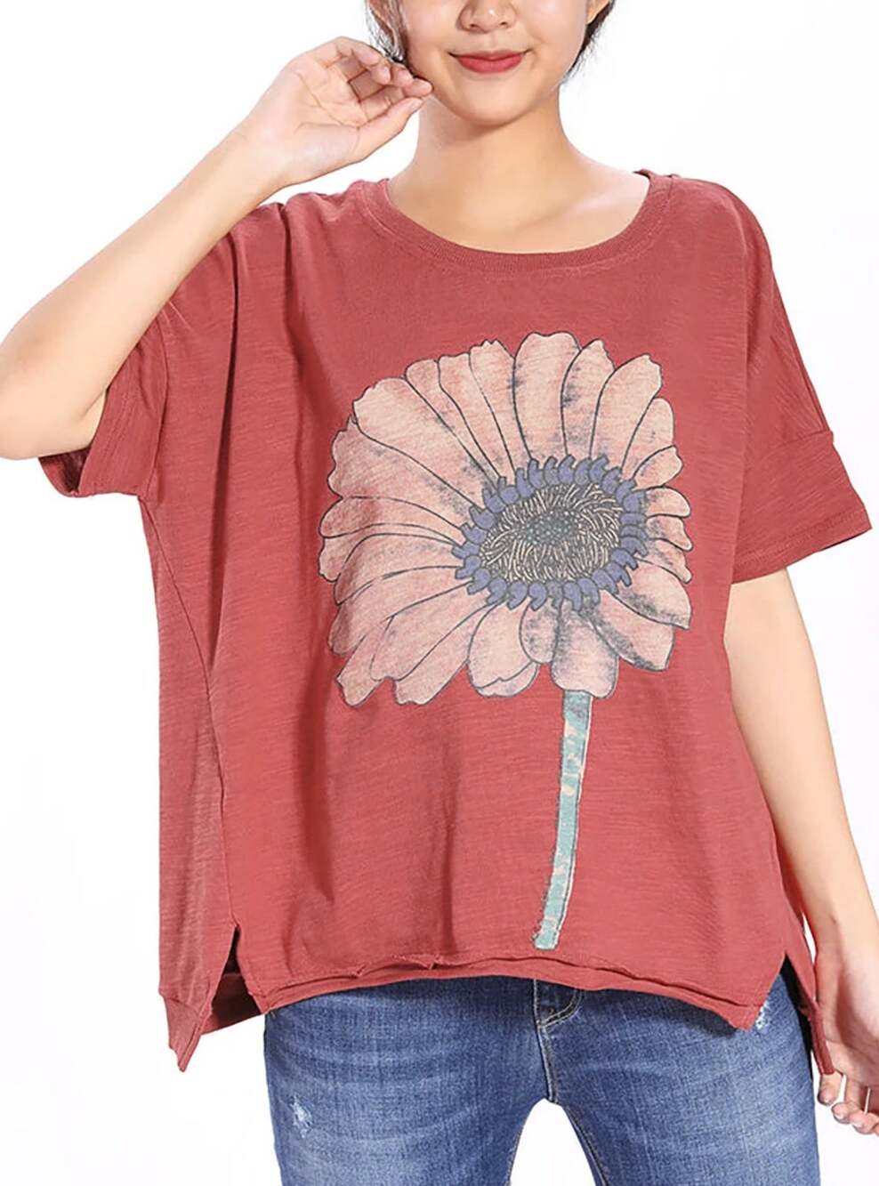 Buykud Womens T-Shirt XL 16-18 Plus Size Red Short Sleeve Sunflower Print Loose